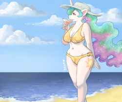 Size: 1280x1074 | Tagged: safe, artist:the-rasp-b, princess celestia, alicorn, anthro, beach, belly button, bikini, cleavage, clothes, cloud, cloudy, cocktail, curvy, drink, female, hat, ocean, solo, swimsuit, wide hips, wingless, wingless anthro
