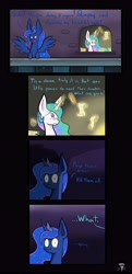 Size: 2760x5700 | Tagged: safe, artist:heir-of-rick, princess celestia, princess luna, alicorn, pony, comic, glasses, glowing horn, impossibly large ears, magic, quill, start of darkness, telekinesis