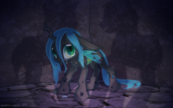 Size: 2400x1500 | Tagged: safe, artist:sharky, queen chrysalis, changeling, changeling queen, nymph, bully, bullying, crying, cute, cutealis, female, filly, floppy ears, foal, origin story, sad, sadorable, shadow, solo, standing, younger