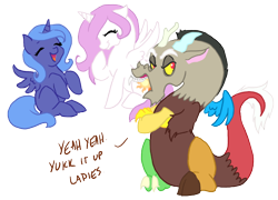 Size: 700x504 | Tagged: safe, artist:bux, discord, princess celestia, princess luna, alicorn, pony, braces, cute, cutelestia, discute, filly, pink-mane celestia, text, woona, younger