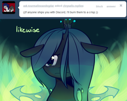 Size: 640x512 | Tagged: safe, artist:pekou, queen chrysalis, changeling, changeling queen, ask, ask chrysalis, female, floppy ears, solo, tumblr