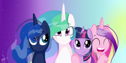 Size: 2600x1300 | Tagged: safe, artist:mellonshow, princess cadance, princess celestia, princess luna, twilight sparkle, twilight sparkle (alicorn), alicorn, pony, alicorn tetrarchy, female, happy, mare, smiling, true love princesses