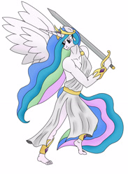 Size: 1669x2286 | Tagged: safe, artist:goldwing93, princess celestia, anthro, plantigrade anthro, anklet, barefoot, clothes, dress, feet, simple background, solo, sword, toga