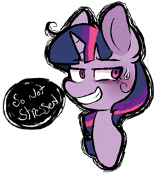 Size: 509x562 | Tagged: safe, artist:urbanqhoul, twilight sparkle, blatant lies, bust, dialogue, ear fluff, female, looking away, mare, simple background, smiling, solo, stressed, sweat, sweatdrop, transparent background