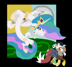 Size: 870x816 | Tagged: safe, artist:serhalu, discord, princess celestia, draconequus, pony, celestequus, draconequified, ponified, species swap