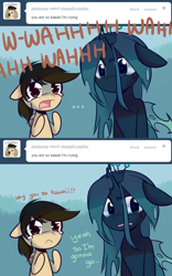 Size: 640x1024 | Tagged: safe, artist:pekou, queen chrysalis, oc, changeling, changeling queen, pegasus, pony, ask chrysalis, crying, cute, cutealis, duo, female, floppy ears, mare
