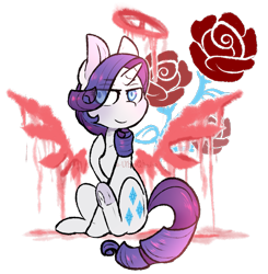 Size: 857x875 | Tagged: safe, artist:urbanqhoul, rarity, pony, unicorn, eye clipping through hair, flower, frog (hoof), hair over one eye, halo, rose, simple background, solo, transparent background, underhoof, wings