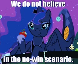 Size: 877x720 | Tagged: safe, princess luna, alicorn, pony, apple, image macro, quote, royal we, solo, star trek, text