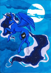 Size: 1652x2338 | Tagged: safe, artist:pinkuken, princess luna, alicorn, pony, cloud, cloudy, flying, moon, solo, traditional art