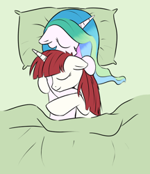 Size: 500x580 | Tagged: safe, artist:rainbow-dosh, artist:xioade, princess celestia, oc, oc:fausticorn, alicorn, pony, bed, blanket, cuddling, hug, pillow, sleeping, snuggling