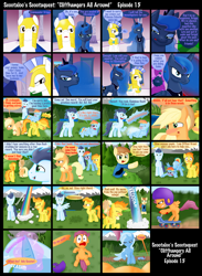 Size: 1024x1400 | Tagged: safe, artist:ajmstudios, applejack, princess luna, rainbow dash, scootaloo, soarin', spitfire, trixie, oc, oc:griggs, alicorn, earth pony, pegasus, pony, comic, helmet, police, royal guard, scootaquest, sick, sneezing, soarindash