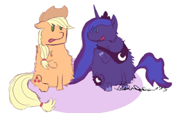 Size: 800x520 | Tagged: safe, artist:braweria, applejack, princess luna, alicorn, earth pony, pony, fluffy, simple background