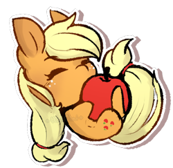 Size: 438x426 | Tagged: safe, artist:urbanqhoul, applejack, earth pony, pony, apple, chibi, cute, eyes closed, female, food, jackabetes, mare, simple background, solo, tiny ponies, transparent background