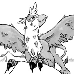 Size: 2000x2000 | Tagged: safe, artist:geomancing, derpibooru import, gilda, griffon, claws, female, fluffy, grayscale, looking up, monochrome, simple background, solo, spread wings, white background, wings