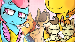 Size: 1024x576 | Tagged: safe, artist:urbanqhoul, carrot cake, cup cake, hoops, pound cake, pumpkin cake, sunburst, earth pony, pegasus, pony, unicorn, fanfic:heteropaternal superfecundation, adultery, apron, baby, baby pony, cake family, cake twins, cloak, clothes, crying, eyes closed, fanfic, fanfic art, glasses, guilt, headcanon, holding a pony, infidelity