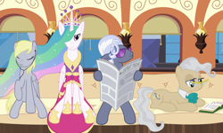 Size: 1153x692 | Tagged: safe, artist:arvaus, derpy hooves, hoity toity, mayor mare, princess celestia, alicorn, pegasus, pony, book, clothes, coronation dress, dress, earbuds, female, glasses, mare, newspaper, parody, reading, sunglasses, train