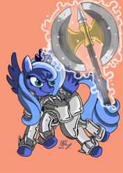 Size: 700x990 | Tagged: safe, artist:projectzuel, princess luna, alicorn, pony, armor, axe, filly, magic, s1 luna, simple background, solo, warrior luna, weapon, woona