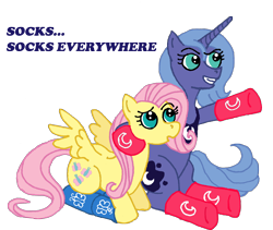 Size: 2094x1766 | Tagged: safe, artist:midnight-cobra, fluttershy, princess luna, alicorn, pegasus, pony, clothes, meme, s1 luna, simple background, socks, x x everywhere