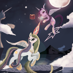 Size: 7560x7560 | Tagged: safe, artist:auroriia, princess celestia, twilight sparkle, twilight sparkle (alicorn), alicorn, pony, absurd resolution, alternate hairstyle, book, cloud, cloudy, floating, flying, moon, mountain, night, stars, statue