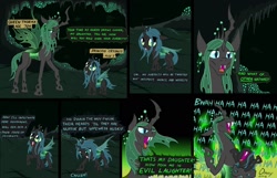 Size: 1950x1257 | Tagged: safe, artist:omny87, queen chrysalis, oc, oc:queen thorax, changeling, changeling queen, nymph, changeling queen oc, comic, cute, cutealis, duo, duo female, evil laugh, eyes closed, fangs, female, filly, glare, hilarious in hindsight, laughing, mother and child, mother and daughter, open mouth, parent, parent and child, raised hoof, slice of life, smiling, smirk, stomping, young, younger