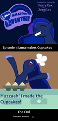 Size: 774x1608 | Tagged: safe, artist:zergrex, princess luna, alicorn, pony, baking, comic, cupcake, female, food, logo parody, mare, solo, text