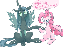 Size: 1200x900 | Tagged: safe, artist:chingilin, pinkie pie, queen chrysalis, changeling, changeling queen, earth pony, pony, cheeselegs, duo, duo female, fangs, female, mare, simple background, sitting