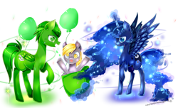 Size: 3300x2000 | Tagged: safe, artist:aquagalaxy, derpy hooves, princess luna, oc, alicorn, pegasus, pony, balloon