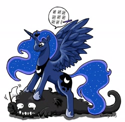 Size: 2242x2198 | Tagged: safe, artist:wollfisch, princess luna, alicorn, pony, monster, nightmare, simple background, tally marks, teary eyes, white flag