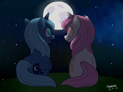 Size: 2000x1500 | Tagged: safe, artist:moozua, princess celestia, princess luna, alicorn, pony, cewestia, comic, cute, duo, female, filly, grass, looking up, moon, night, woona