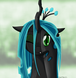 Size: 1172x1200 | Tagged: safe, artist:thattagen, queen chrysalis, changeling, changeling queen, abstract background, cheeselegs, cute, cutealis, fangs, female, i see what you did there, looking at you, one eye closed, peekaboo, signature, smiling, solo, wink