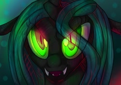 Size: 612x432 | Tagged: safe, artist:geckofly, queen chrysalis, changeling, changeling queen, bust, fangs, female, frown, glowing eyes, looking at you, open mouth, smiling, solo