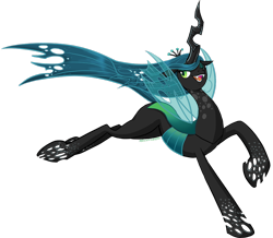 Size: 874x762 | Tagged: safe, artist:hollowzero, queen chrysalis, changeling, changeling queen, fangs, female, jumping, open mouth, raised hoof, signature, simple background, smiling, solo, transparent background