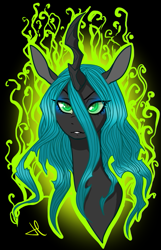 Size: 549x854 | Tagged: safe, artist:lolopan, queen chrysalis, changeling, changeling queen, bust, female, frown, solo