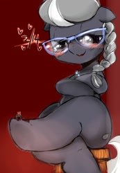 Size: 571x827 | Tagged: safe, artist:moka, silver spoon, earth pony, pony, blood, female, filly, glasses, necklace, pearl necklace, red background, solo, solo female