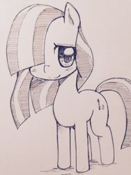 Size: 768x1024 | Tagged: safe, artist:moka, marble pie, earth pony, pony, blushing, female, filly, hair over one eye, looking at you, monochrome, simple background, smiling, solo, traditional art, white background