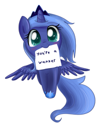 Size: 797x1002 | Tagged: safe, artist:pridark, edit, princess luna, alicorn, pony, blushing, filly, mouth hold, note, simple background, solo, transparent background, vulgar, woona