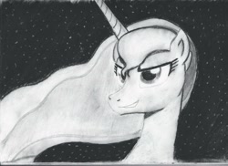 Size: 2338x1700 | Tagged: safe, princess luna, alicorn, pony, bust, charcoal drawing, monochrome, night, smirk, solo, traditional art