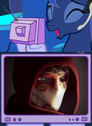 Size: 507x693 | Tagged: safe, princess luna, alicorn, pony, exploitable meme, eyes closed, fable, gamer luna, headset, jack of blades, smiling, tv meme