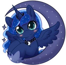 Size: 529x526 | Tagged: dead source, safe, artist:yukandasama, princess luna, alicorn, pony, blushing, crescent moon, cute, lunabetes, moon, solo