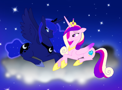 Size: 1896x1402 | Tagged: safe, artist:peppermintheart, princess cadance, princess luna, alicorn, pony, bedroom eyes, cloud, night, smiling