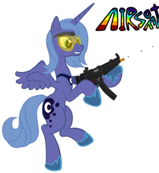 Size: 857x932 | Tagged: safe, artist:orang111, princess luna, alicorn, pony, airsoft, bipedal, fun, goggles, gun, mp5, princess, s1 luna, simple background, solo, submachinegun, weapon, who needs trigger fingers