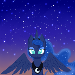 Size: 1024x1024 | Tagged: dead source, safe, artist:applejack-lover-fan, princess luna, alicorn, pony, colored pupils, looking at you, night, smiling, solo, spread wings, stars, wings