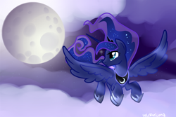 Size: 1350x900 | Tagged: safe, artist:lelittleluna, princess luna, alicorn, pony, flying, moon, solo