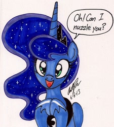 Size: 954x1058 | Tagged: safe, artist:newyorkx3, princess luna, alicorn, pony, :d, bronybait, clapping, cute, female, happy, looking at you, lunabetes, mare, nuzzling, open mouth, simple background, smiling, solo, traditional art, white background