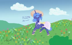 Size: 1425x900 | Tagged: safe, artist:lunarapologist, princess luna, alicorn, pony, alternate hairstyle, choker, clothes, dress, eyes closed, flower, hat, katrina and the waves, meadow, messy mane, open mouth, s1 luna, sandals, singing, smiling, solo, sundress, trotting, walking on sunshine