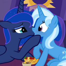 Size: 1400x1400 | Tagged: safe, artist:the smiling pony, princess luna, trixie, alicorn, pony, female, kissing, lesbian, luxie, shipping