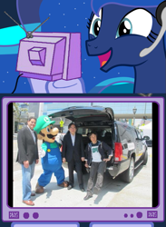 Size: 563x769 | Tagged: safe, princess luna, human, e3, exploitable meme, gamer luna, irl, irl human, luigi, nintendo, photo, reggie fils-aime, satoru iwata, shigeru miyamoto, super mario bros., tv meme