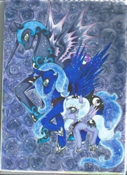 Size: 1700x2338 | Tagged: safe, artist:darknessa-desu, nightmare moon, princess luna, alicorn, pony, duality, filly, traditional art, woona