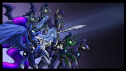 Size: 1920x1080 | Tagged: safe, artist:zedrin, princess luna, oc, bat pony, pony, unicorn, armor, bat pony unicorn, night guard, sword, wingless bat pony