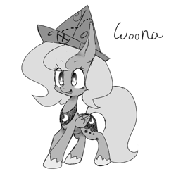 Size: 500x500 | Tagged: dead source, safe, artist:30clock, princess luna, alicorn, pony, cartographer's cap, grayscale, hat, monochrome, moonstuck, pixiv, simple background, solo, woona